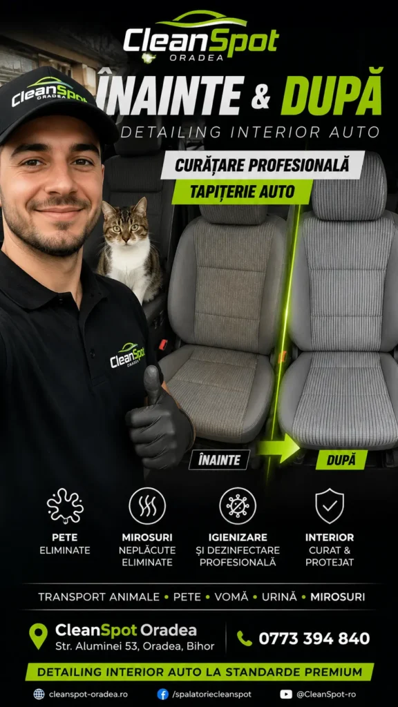 Rezultat înainte și după pentru detailing interior auto și curățare tapiterie auto în Oradea realizat de CleanSpot