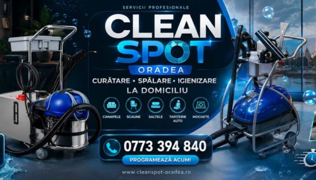 CleanSpot Oradea oferă servicii profesionale de curățare și igienizare la domiciliu pentru canapele, saltele, scaune, tapițerie auto și mochete, folosind echipamente profesionale cu abur și extracție.