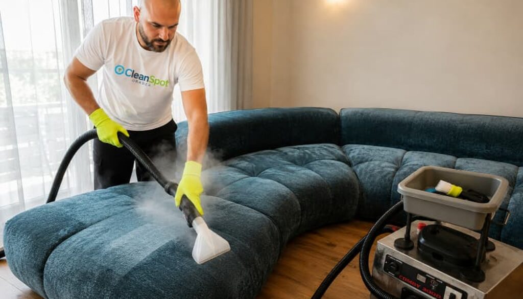 Curățare profesională canapea premium cu abur și injecție-extracție realizată de CleanSpot Oradea la domiciliu