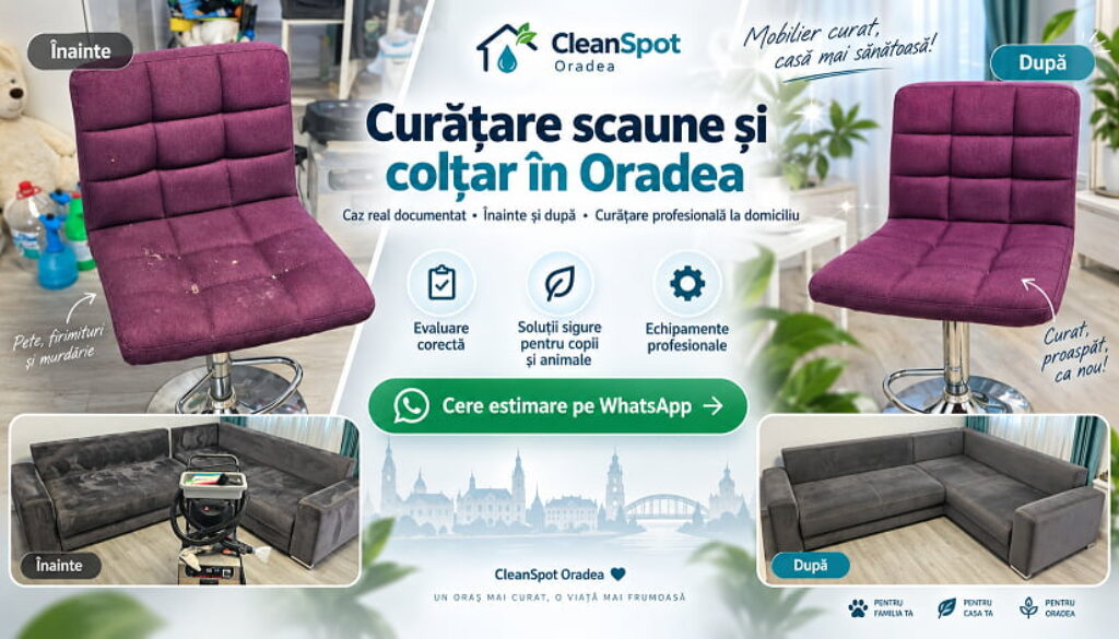 înainte și după cu scaun tapițat și colțar curățate profesional la domiciliu în Oradea de CleanSpot
