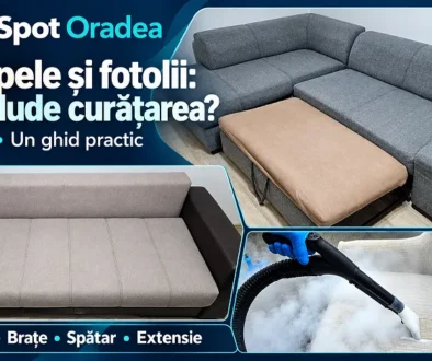 Colaj CleanSpot Oradea pentru ghidul de curățare canapele și fotolii: colțar extensibil gri, canapea crem și curățarea unui fotoliu cu abur.
